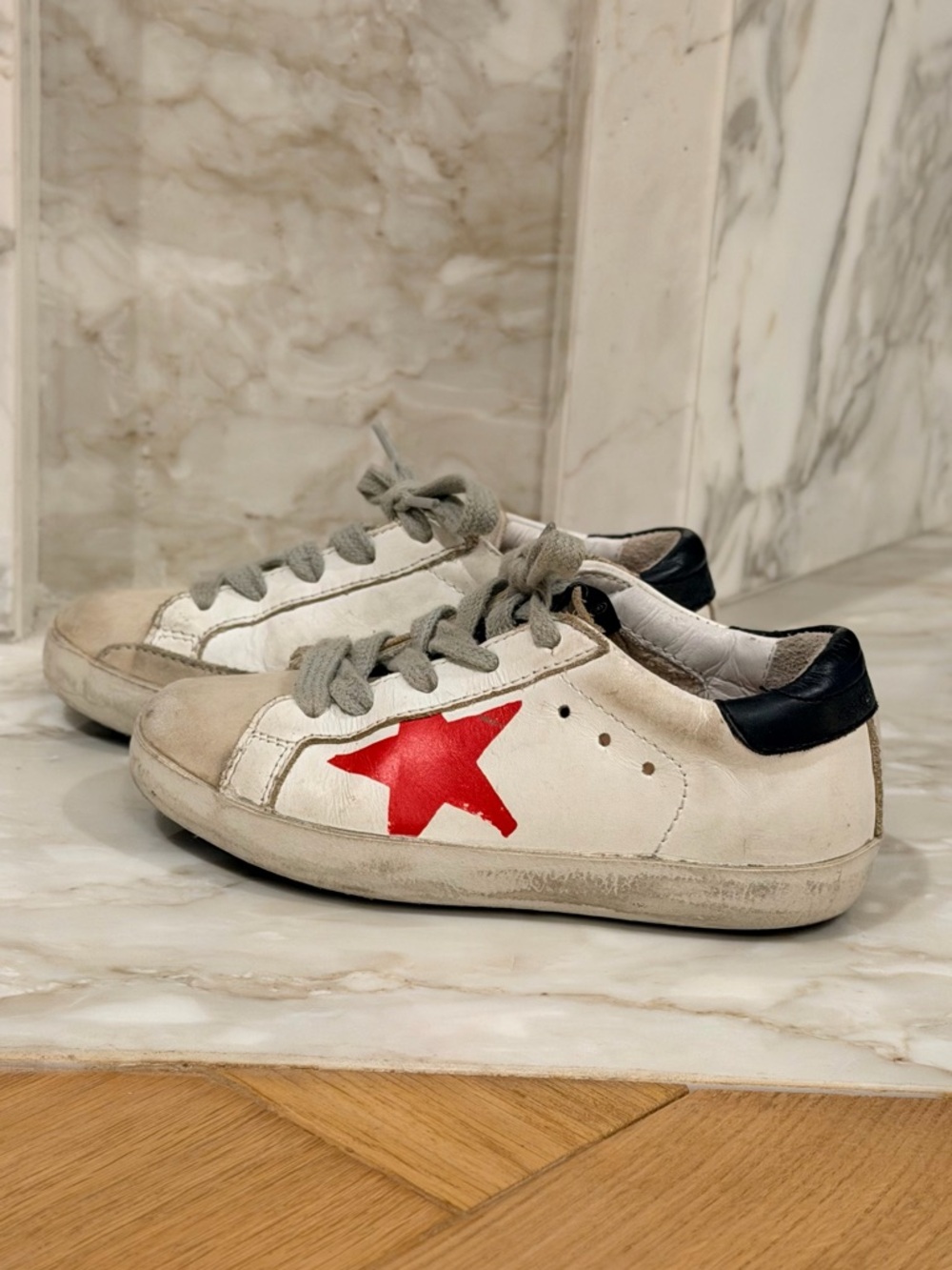 Kids White Golden Goose Sneakers with Red Star Accent